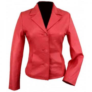 3-Button Red Short Ladies' Leather Blazer