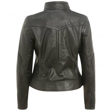 Band Collar Leather Motorcycle Jacket for Women