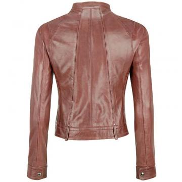 Banded Collar Scuba Brown Leather Jacket for Women