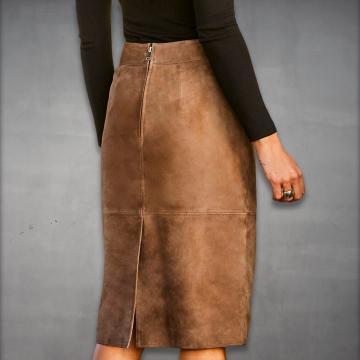 Belted Knee Length Suede Pencil Skirt