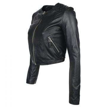 Short & Collarless Leather Jacket Womens