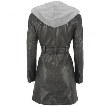 Hooded Leather 3/4 Length Coat for Women