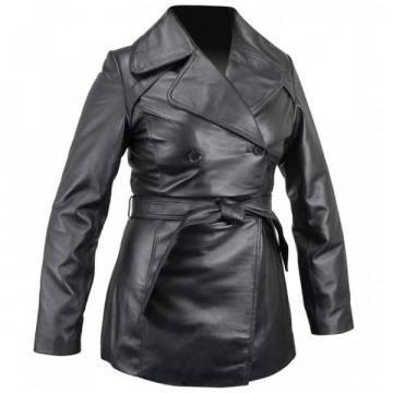 Leather Belted Pea Coat for Women