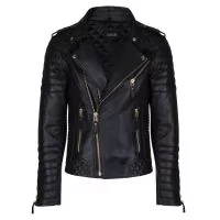 Biker Mens Quilted Leather Jacket with Golden Hardware front view