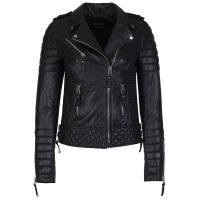 Biker Womens Quilted Leather Jacket Black front view
