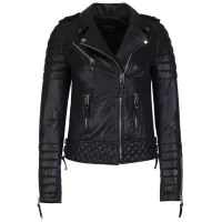 Biker Womens Quilted Leather Jacket Black front view