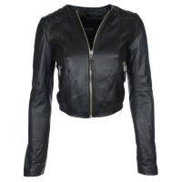 Ladies Short & Collarless Leather Jacket front view