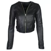 Ladies Short & Collarless Leather Jacket front view