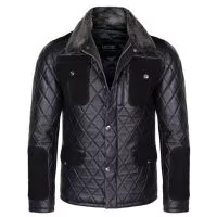 Diamond Leather Jacket with Fur Collar & Flapped Pockets front view