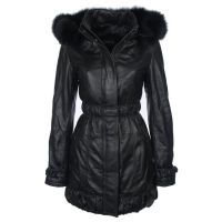Leather Fur Hooded Coat for Ladies front view
