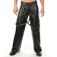 Men Leather Suspender Pants front view