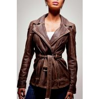 women leather military jacket closed front view