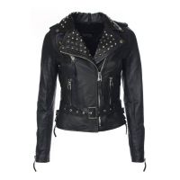 Womens Studded Collar Biker Leather Jacket front view