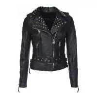 Womens Studded Collar Biker Leather Jacket front view