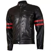 X-Men Wolverine Black with Red Strips Biker Leather Jacket front view