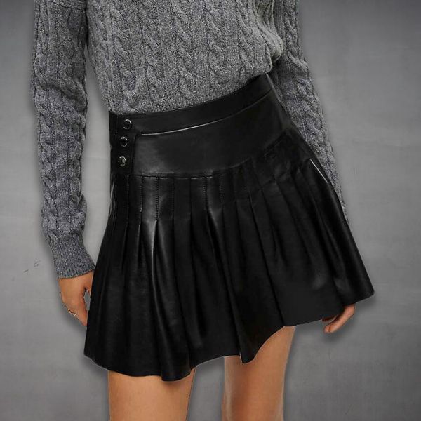 Mini Pleated Leather Skirt front view